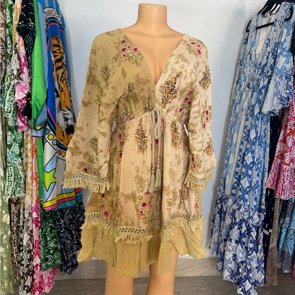 Floral Embroidered Kimono Short Dress Viscose India